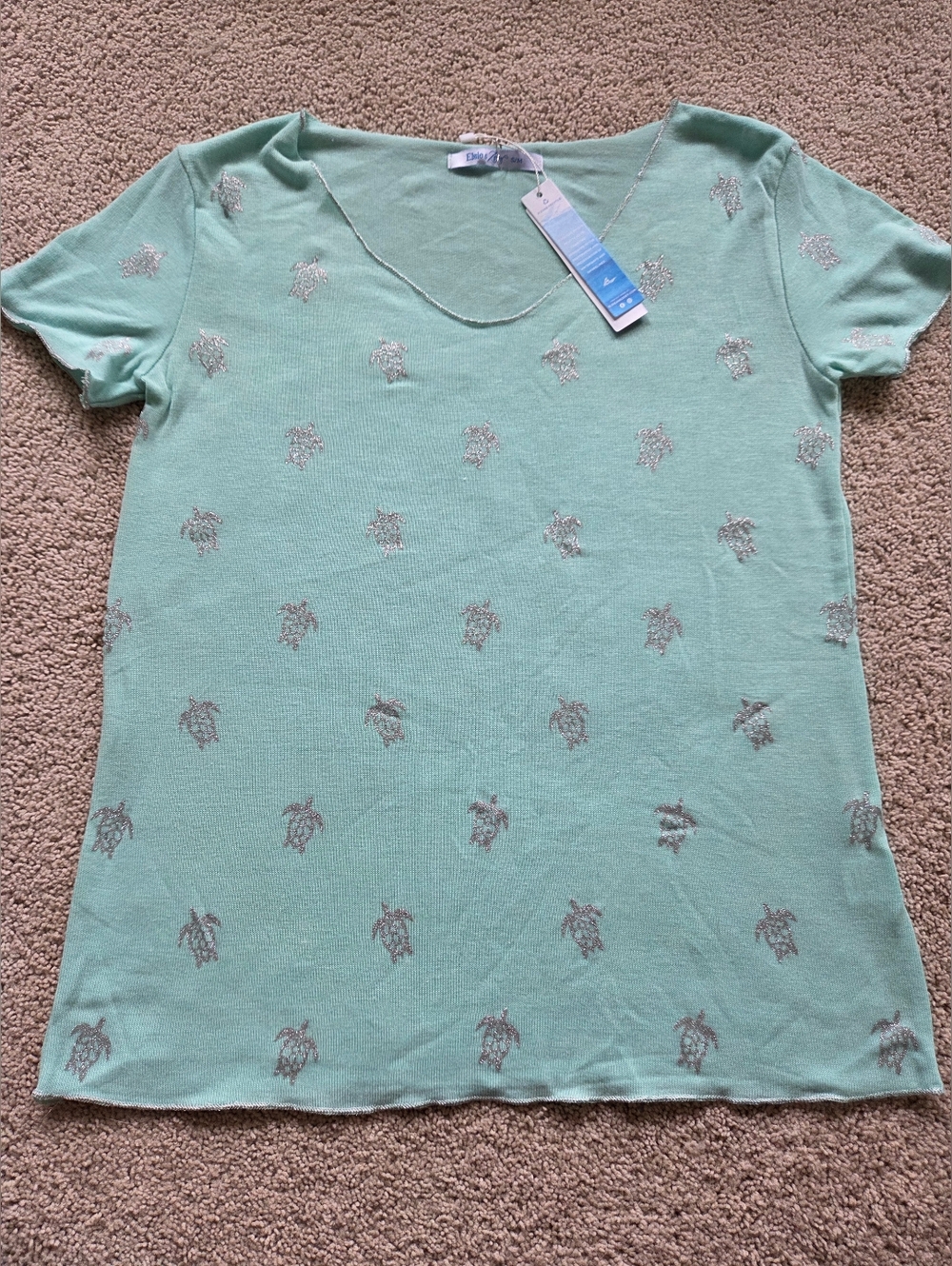 New Womens Light Teal Turtle-Print Short Sleeve Top Size S/M Strechy